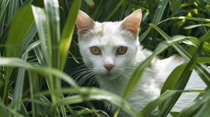 A white cat with spots camouflages itself amidst the verdant garden grass