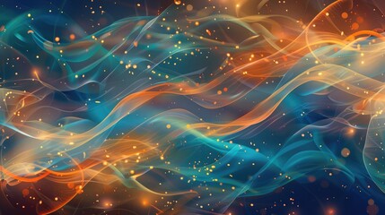abstract backdrop with blue and orange-hued, luminous lines and waves,Energy lines, glowing waves in the dark,  abstract background.  business or technology presentation design template, brochure  - obrazy, fototapety, plakaty
