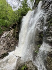 Lyazhginsky waterfall in the spring forest. Cascading waterfall drowning in greenery. Splashes of water. The water flows of the river Lyazhgi. Ingushetia, Caucasus Mountains, Russia