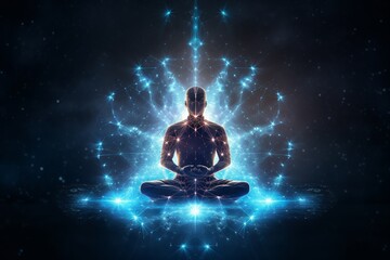 isolated illustration of yoga lotus pose icon shaped with blue neural connection, Generative