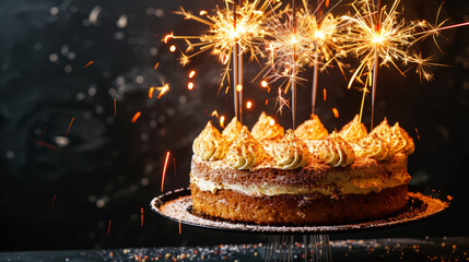 Elegant birthday cake with sparklers on a dark background. Copy space. Party invitation template. Generative AI