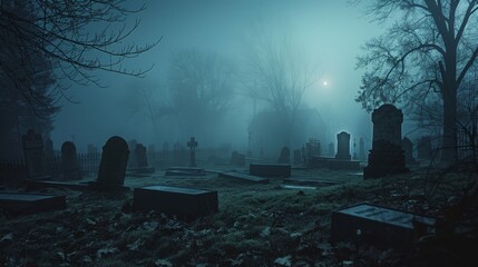 A misty cemetery at night, a faint apparition visible among the tombstones