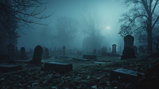 Fototapeta A misty cemetery at night, a faint apparition visible among the tombstones