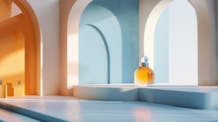 A blank  perfume bottles lie on a background of blue arches. In light orange and white style, Take photos of products and advertisements - obrazy, fototapety, plakaty