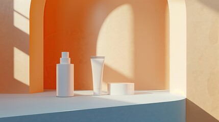 Blank white skincare tubes and skincare bottles lie on a background of blue arches. In light orange and white style, Take photos of products and advertisements