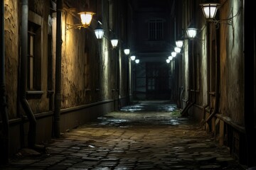 Fototapeta premium Dark alley with flickering street lamps.