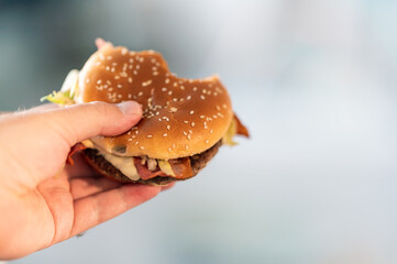 hand holding hamburger in hand. food, eating and health concept. - 790708194