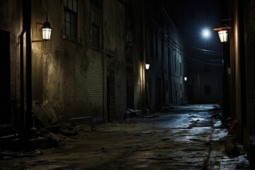 Fototapeta na wymiar Dark alley with flickering street lamps.