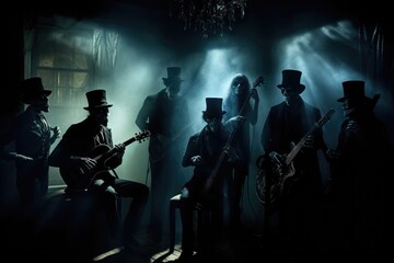 Shadowy figures playing instruments in a haunted band.