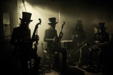 Shadowy figures playing instruments in a haunted band.