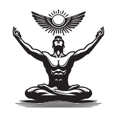 Yoga man. In the lotus position. Chakras, sun, enlightenment, zen, meditation.
Vintage engraving black illustration, emblem. Isolated object, cut out