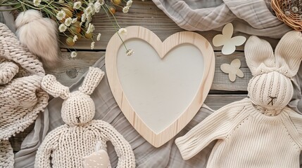 A heart with a wooden edge and space in the middle is empty. Rabbit doll knitted shirt of newborn children Bird's eye view photography, Easter theme, soft pastel colors.
