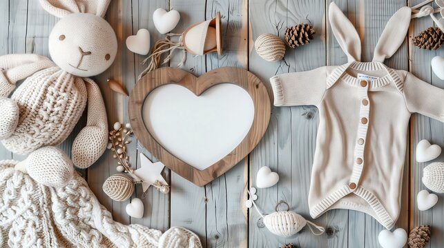 A heart with a wooden edge and space in the middle is empty. Rabbit doll knitted shirt of newborn children Bird's eye view photography, Easter theme, soft pastel colors.