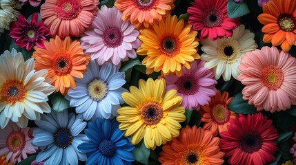 A bouquet of colorful flowers with a variety of colors including pink, blue