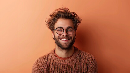 Fototapeta premium Happy young man with glasses smiling warmly in casual brown sweater.