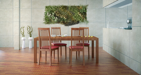 Contemporary designed dining room with indoor vertical garden - 3D Visualization - 790708900