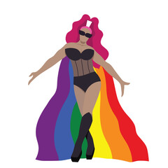 A confident transgender drag queen in black modern outfit and rainbow cape for LGBTQ+ concept and for equality and diversity supporting. Vector illustration flat charactor on white background