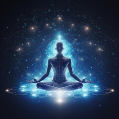 Fototapeta na wymiar isolated illustration of yoga lotus pose icon shaped with blue neural connection, Generative