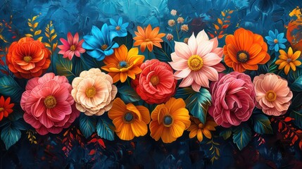 A colorful bouquet of flowers is displayed on a blue background