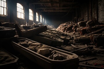 Coffins stacked in an abandoned warehouse.