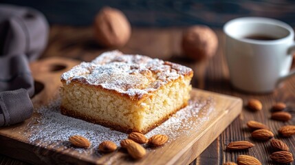 Almond sponge cake displayed on a wooden table ideal to enjoy with a cup of coffee Traditional setup with a dark backdrop - obrazy, fototapety, plakaty