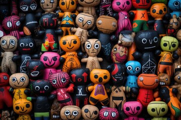 Voodoo dolls arranged in a mysterious pattern.