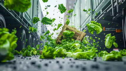 Box of Napa cabbage falls off a truck onto the road. Illustrating vegetable damage during transportation due to truck accidents or other mishaps. Generative AI.