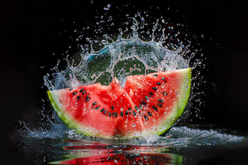 A juicy ripe watermelon against a black background, with splashes of water emanating from it, showcasing its freshness and juiciness. Generative AI.