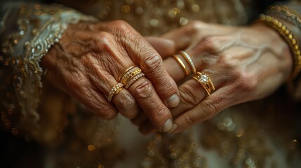 A woman and an older man are holding hands and wearing gold rings