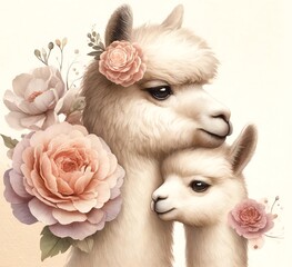 Fototapeta premium Watercolor illustration of two alpacas and flowers in mother day concept