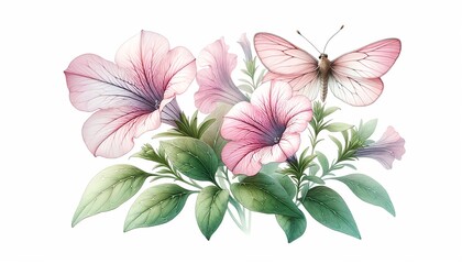 Watercolor illustration of Petunia flowers and a butterfly