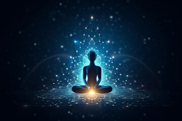 isolated illustration of yoga lotus pose icon shaped with blue neural connection, Generative