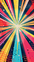 Fototapeta premium Retro pop art. Vibrant textile art with electric blue burst of light and symmetrical patterns. Generative AI