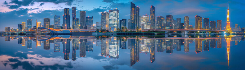 Naklejka premium Tokyo panorama.Urban skyscrapers mirror in calm water, creating a stunning cityscape. Generative AI