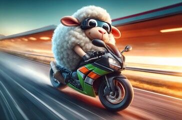 a whimsical sheep character riding a sport motorcycle