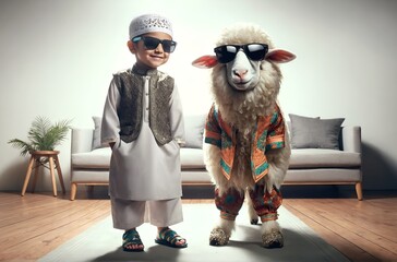 a Muslim child standing next to a sheep dressed in Eid clothes and wearing sunglasses