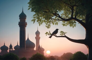 a bird perched on a tree branch next to a mosque's minaret - Powered by Adobe