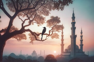a bird perched on a tree branch next to a mosque's minaret