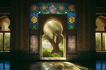 an ornately decorated window with Islamic art motifs and stained glass, overlooking an olive tree