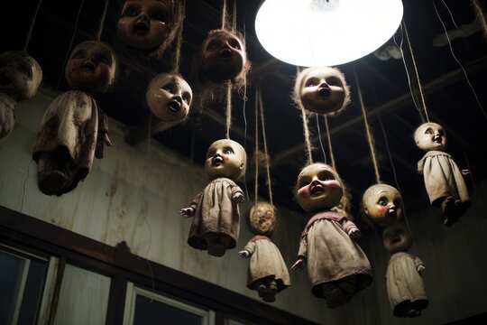Creepy dolls hanging from the ceiling.