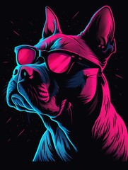 Neon-Colored French Bulldog Wearing Sunglasses on Dark Background. - 790711775