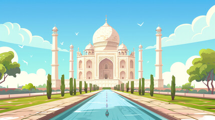 Fototapeta premium copy space, simple vector illustration, cartoon style, The Taj Mahal, Agra. Famous mausoleum in India, Asia. Elegant monument, must-see tourist spot in India. Travel theme, world destinations.