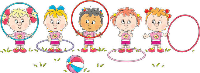 Funny little girls in colorful sportswear doing morning exercises with color gymnastic hoops on a summer lawn, vector illustration on a white background