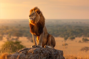 Majestic lion sitting on a rock during a golden sunset in the savannah.