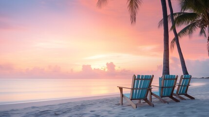 Tranquil Sunset on a Tropical Beach with Palm Trees and Lounge Chairs