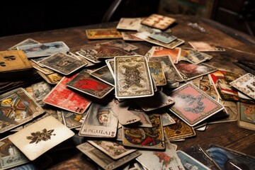 Worn-out tarot cards scattered on a table.