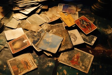 Worn-out tarot cards scattered on a table.