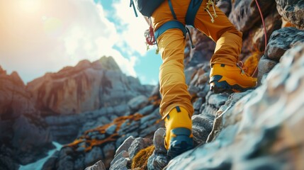 Mountain Climber in Bright Yellow Gear Scaling Rocky Slope Under Sunlit Sky