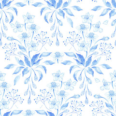 Botanical seamless pattern illustration with blue and azure branches , leaves and cherry flowers over a white background. Spring and summer theme.