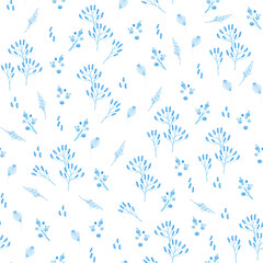 Botanical seamless pattern illustration with blue branches and leaves over a white background. Spring and summer theme.